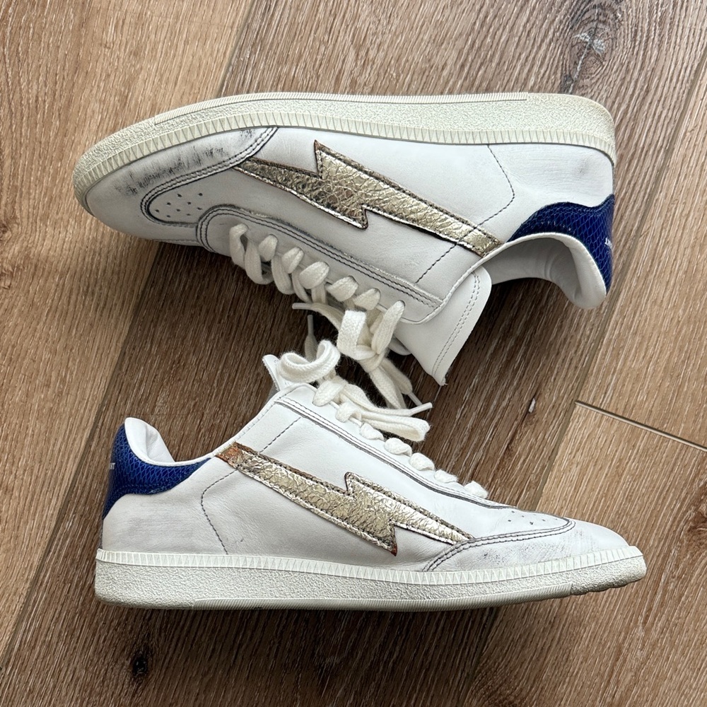 Isabel Marant White and Gold Sneakers with Blue Accents